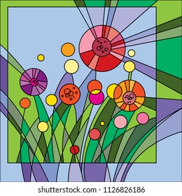 Stained-glass window. Summer landscape with flowers. Displaced center. Postcard Design. Stylized flowers. Stylized landscape. Modern design. Autumn landscape. Fantastic illustration.
