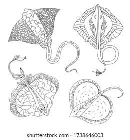 Staining. Coloring book. Coloring book with a picture of a mantle stingray in zentangle style. Antistress freehand sketch drawing. Vector illustration