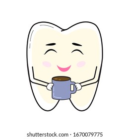 Retención de los dientes. El concepto de blanqueamiento de dientes. Logo, imagen para clínicas dentales. Diente lindo amarillo con una taza de café. Ilustración vectorial.
