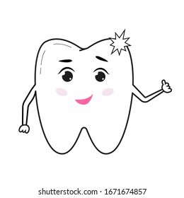 Staining of the teeth. The concept of teeth whitening. Logo, image for dental clinics. Cute healthy shining tooth. Cartoon style. Vector illustration.