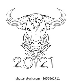 Staining. Vector bull with a logo ornament. Antistress freehand sketch drawing with doodle and zentangle elements. Symbol of the year 2021