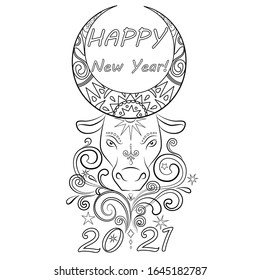 Staining. Vector bull with an ornament. Horns in the form of a month. Antistress freehand sketch drawing with doodle and zentangle elements.  Symbol of the year 2021 with the inscription Happy New Yea
