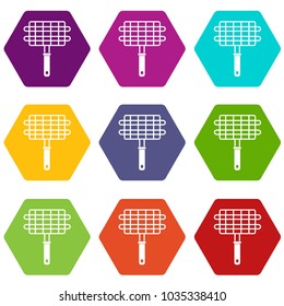 Stainless barbecue grill camping basket icon set many color hexahedron isolated on white vector illustration