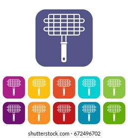 Stainless barbecue grill camping basket icons set vector illustration in flat style In colors red, blue, green and other
