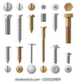 Stainless bolts screws, nuts, fasteners and rivets vector illustration isolated on white background. Rivet and screw bolt, steel element nut