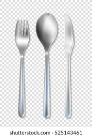 Conjunto inoxidable de vajilla de horquilla e imagen realista con cuchillo con ilustración vectorial transparente 