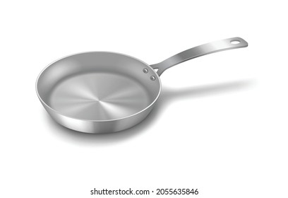 Stainless frying pan kitchenware, top view. New chrome frying pan with metal handle and non-stick cover. Chef cuisine skillet concept mockup. Realistic 3d vector illustration