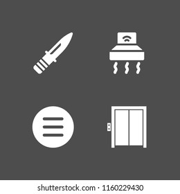 stainless icon. 4 stainless set with menu, hood, elevator and knife vector icons for web and mobile app