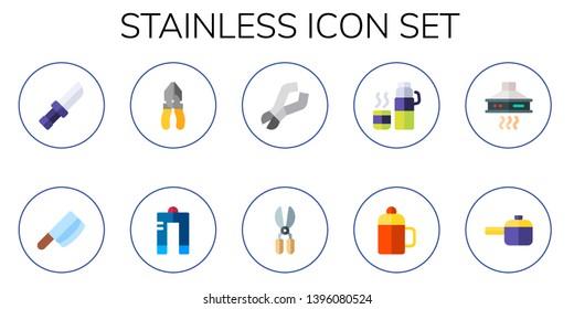 stainless icon set. 10 flat stainless icons.  Collection Of - knife, cleaver, pliers, metal, scissors, thermo, extractor hood, pan