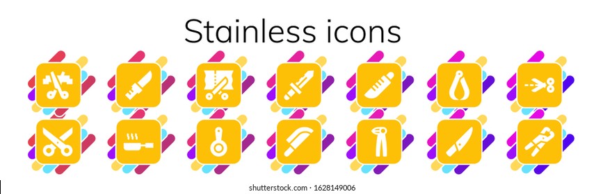 stainless icon set. 14 filled stainless icons.  Simple modern icons such as: Scissors, Knife, Frying pan, Pan, Pliers