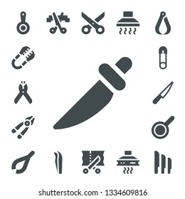 stainless icon set. 17 filled stainless icons.  Simple modern icons about  - Pan, Tongs, Pliers, Knife, Plier, Safety pin, Tweezers, Scissors, Hood, Extractor hood, Knives