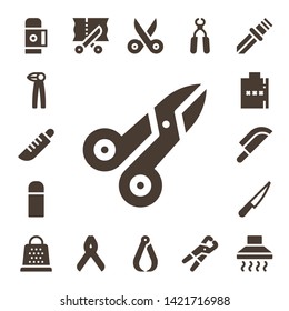stainless icon set. 17 filled stainless icons.  Simple modern icons about  - Thermo, Pliers, Knife, Scissors, Hip flask, Grater, Hood
