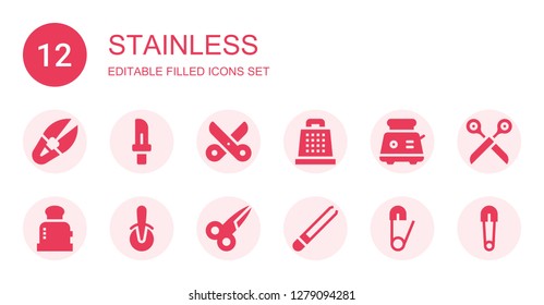 stainless icon set. Collection of 12 filled stainless icons included Scissor, Knife, Scissors, Grater, Toaster, Pizza cutter, Tongs, Safety pin