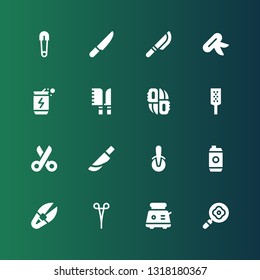 stainless icon set. Collection of 16 filled stainless icons included Frying pan, Toaster, Scissors, Scissor, Energy drink, Pizza cutter, Knife, Grater, Knifes, Knives, Safety pin