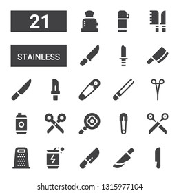 stainless icon set. Collection of 21 filled stainless icons included Knife, Energy drink, Grater, Scissors, Safety pin, Frying pan, Tongs, Cleaver, Knives, Thermo, Toaster