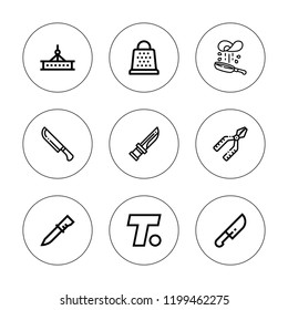 Stainless icon set. collection of 9 outline stainless icons with beam, frying pan, grater, knife, pliers icons. editable icons.
