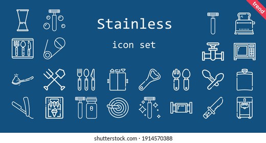 stainless icon set. line icon style. stainless related icons such as safety pin, cutlery, bottle opener, hip flask, knife, fork, shaver, elevator, jigger, spoon, ice cream machine, razor