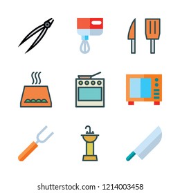 stainless icon set. vector set about mixer, tongs, fork and knife icons set.