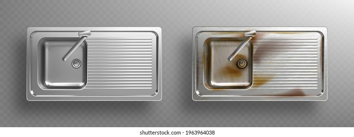 Stainless kitchen sinks with faucets in top view. Clean and dirty rusty metal sinks with basin mixer and utensil drainer. Vector realistic set of steel wash bowls isolated on transparent background