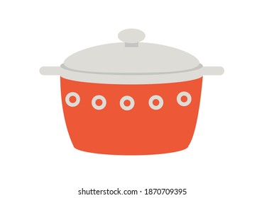 A stainless kitchen utensil isolated on a white background. Covered red iron pan flat vector illustration. Dishes for boiling and cooking at home. Pan with white circles and geometric shapes