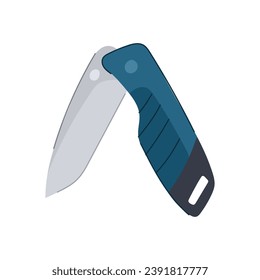caricatura de camping con cuchillo inoxidable. acero afilado, corte de bolsillo, señalización de camping con cuchillo inoxidable de viaje de madera. ilustración vectorial de símbolo aislado