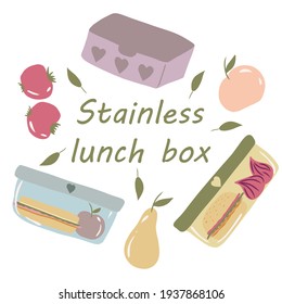 Stainless lunch box illustration. Eco-friendly items. Zero waste set