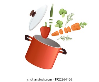 Stainless red saucepan with glass lid and wooden handle with chopped food cooking equipment kitchenware vector illustration on white background