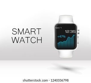 Stainless silver smart watch isolated on white. Vector detailed smart watch reflected on white surface. Watch icon on smart iwatch screen. Realistic style