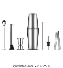 Kit de ferramentas de barman de aço inoxidável, agitador, jigger, colher de mistura, muddler, verter, palha metálica, pinças de gelo vista frontal isolada em objetos de vetor 3d realista branco definido para mistura de coquetel.