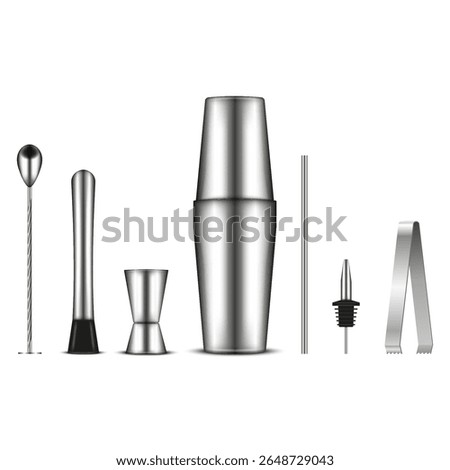 Stainless steel bartender tools kit, shaker, jigger, mixing spoon, muddler, pourer, metallic straw, ice tongs front view isolated on white realistic 3d vector objects set for cocktail mixing.