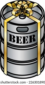 A stainless steel beer keg wrapped with a shiny gold ribbon. 