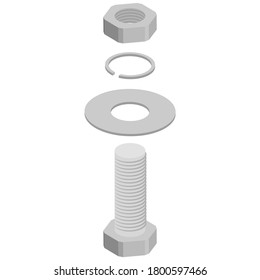 Stainless steel bolt and nut.3d vector illustration and isometric view.