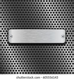 Stainless steel brushed plate on metal perforated background. Vector 3d illustration