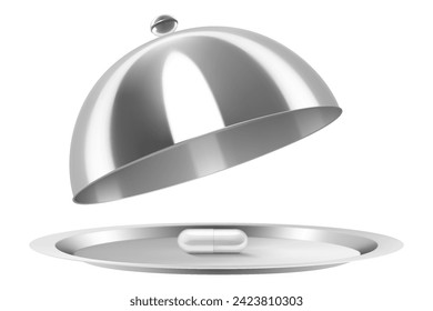 Stainless Steel Cloche with medical pills or capsules, isolated on white background. Mockup. Medical and Healthcare Concept. Vector 3d Realistic illustration