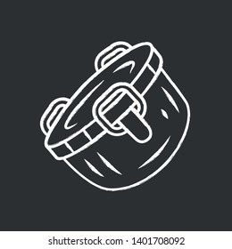 Stainless steel container chalk icon. Reusable metal bowl with lid for food storage. Lunch box, metallic product box. Isolated vector chalkboard illustration