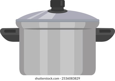 Stainless Steel Cooking Pot With A Glass Lid And Black Handles, Vector Illustration