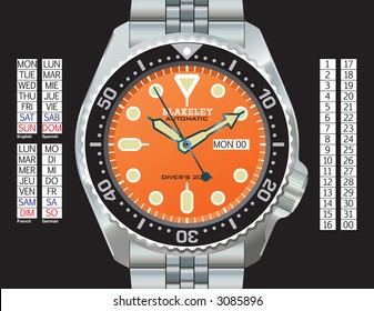 Stainless steel diver's watch in CMYK on separate layers. Time, day (in English, Spanish, French, and German), and date can all be changed. Strap continues under the watch for easy extension.
