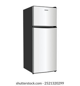 Stainless Steel Door Refrigerator. Side View . Realistic 3d rendering. American Style Fridge. Isolated vector illustration on White background.