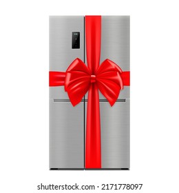 Stainless Steel Double Door Refrigerator with red ribbon and bow. 3D rendering. Gift concept. Realistic vector illustration isolated on white background