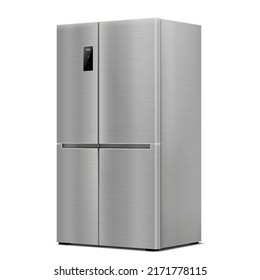 Stainless Steel Double Door Refrigerator. Side View . Realistic 3d rendering. American Style Fridge. Isolated vector illustration on White background. Modern Kitchen and Domestic Major Appliances