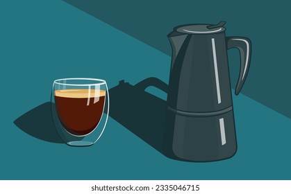 Stainless steel espresso moka pot and double wall glass cup with coffee stand on a table and cast shadows. Vector concept drawing in a cartoon style. 