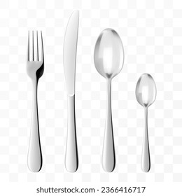 Stainless steel glossy metal cutlery isolated on transparent background. Spoon, teaspoon, forks, knife, realistic 3d vector illustration. Kitchen utensils for eating, tableware for restaurant serving.