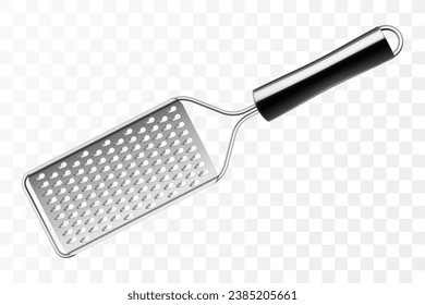 Grater de acero inoxidable para verduras o queso. Accesorios de cocina. Herramientas para cocinar. Aislado sobre fondo blanco. Por tu diseño. Ilustración vectorial 3D realista