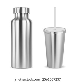 Stainless steel insulated water bottle, travel mug vector template. Reusable metallic thermos for hot or cold beverage. THermo flask with straw for takeaway, glossy cup. Sport drink container