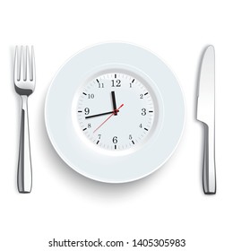 Stainless steel knife and fork with a plate and clock on the white background. Eps 10 vector file.