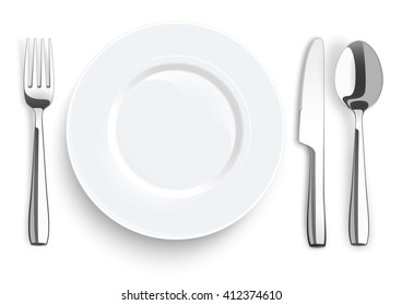 Stainless steel knife, spoon and fork with plate on the white background. Eps 10 vector file.