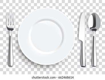 Stainless steel knife, spoon and fork with plate on the white background. Eps 10 vector file.