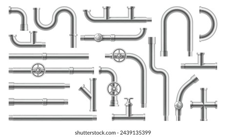 Stainless steel and metallic pipes, plumbing fittings. Vector water, fuel or gas supply system, oil refinery industry pipeline, house sewer bolted sections. Isolated 3d realistic connections