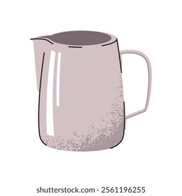 Stainless steel milk pitcher for coffee. Equipment for making latte, cappuccino, cocktails. Flat cartoon illustration isolated on white background