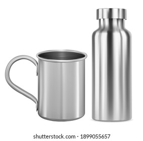 Stainless steel mug and metal flask, thermo bottle mockup. Aluminum camping cup with handle, reusable drink container, sport product can design. Silver vacuum tin, clean glossy illustration, identity